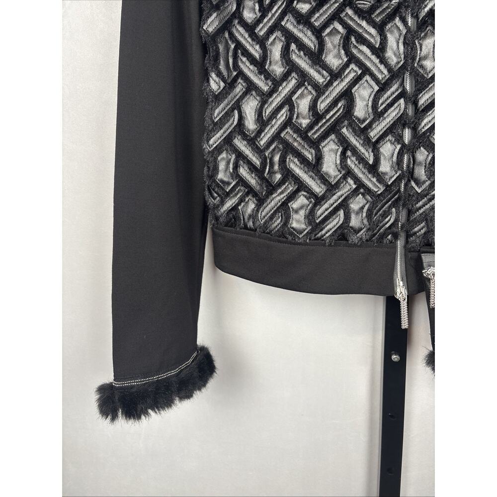 Save the Queen Italy Faux Leather Jacket Womens Medium Black Faux Fur Geometric - Picture 4 of 13